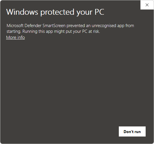 Windows SmartScreen warning with the More info link highlighted